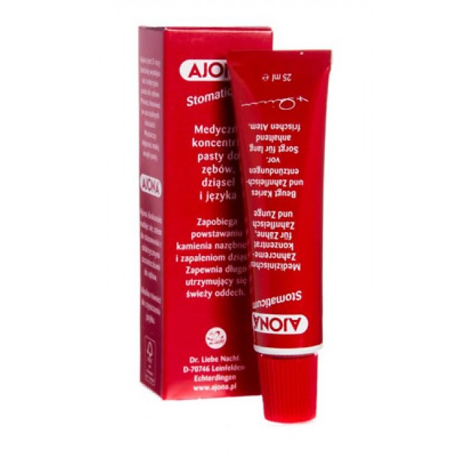 Dentifricio medico Ajona Stomaticum in un tubetto rosso di alluminio.