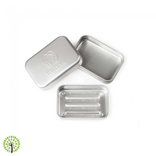 Portasapone in alluminio con logo tradizionale dell'azienda Fer à Cheval in rilievo.